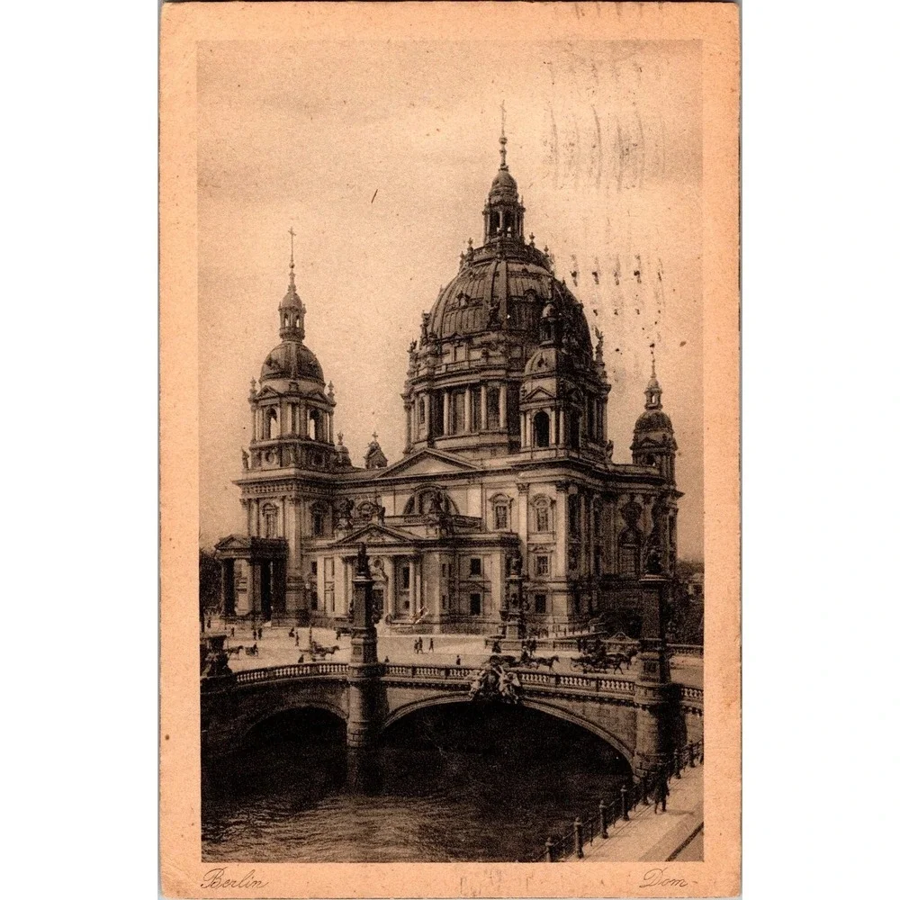 Vintage Berlin Dom Cathedral Black & White Postcard Copperplate Print‎